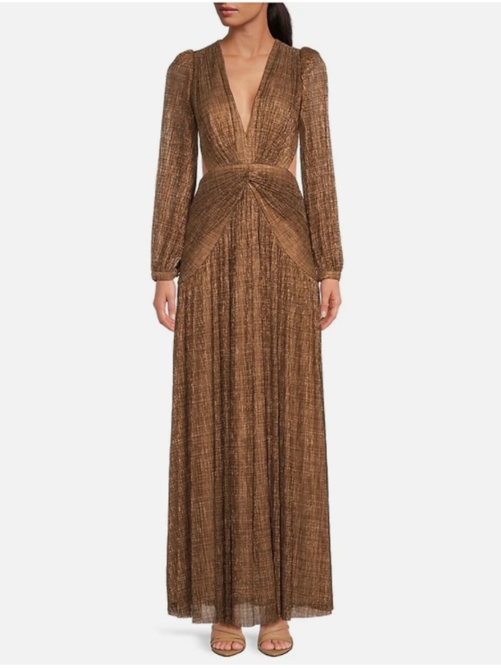 Gianni Bini Hazel Bronze Open Back Plisse Metallic Gown Formal Long Sleeve Dress